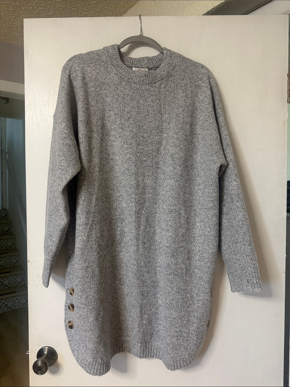 Chic Soul Heather Gray Crewneck Longline Knit Sweater Dress with Side Buttons